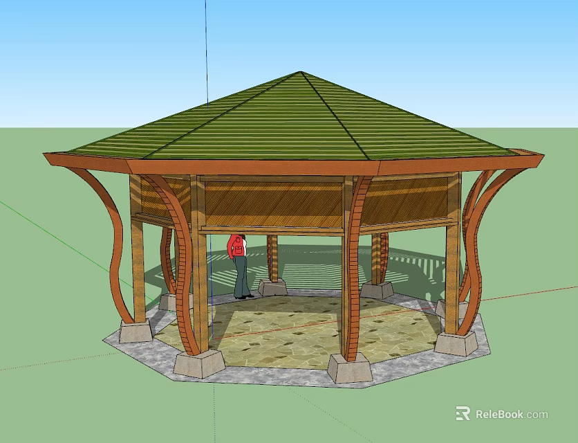 Hexagonal Outdoor Pavilion Featuring Green Roof Wooden Structure Stone Ground And Person Standing 3d model 