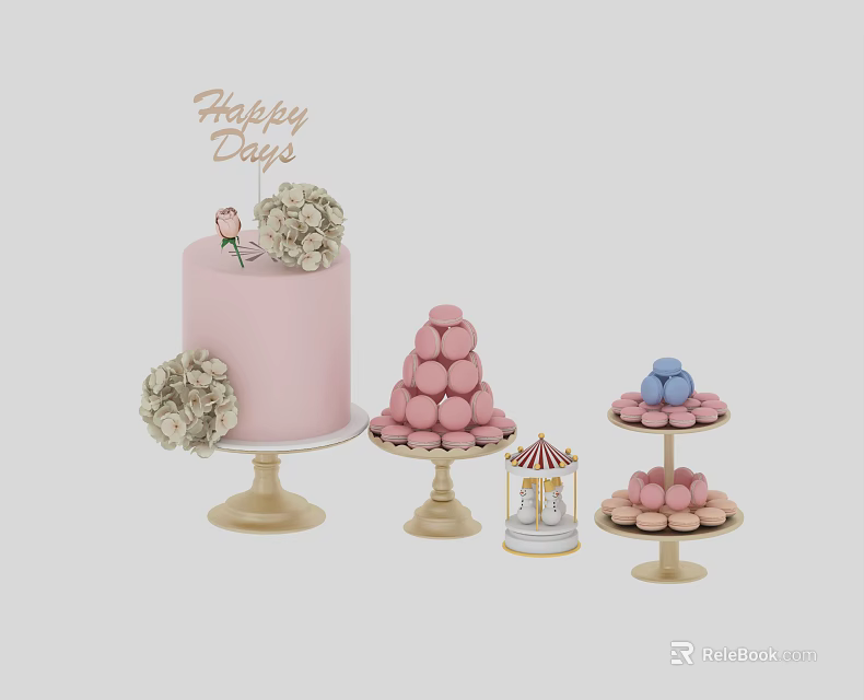 Pink Cake Happy Days Topper Flower Decor Macaron Towers On Golden Stands Dessert 3d model 