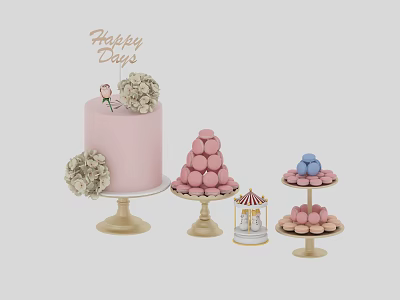 Pink Cake Happy Days Topper Flower Decor Macaron Towers On Golden Stands Dessert 3d model