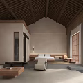 Cozy Hotel Guest Room Interior With Wooden Ceiling Sofa Seating Coffee Table And Soft Lighting