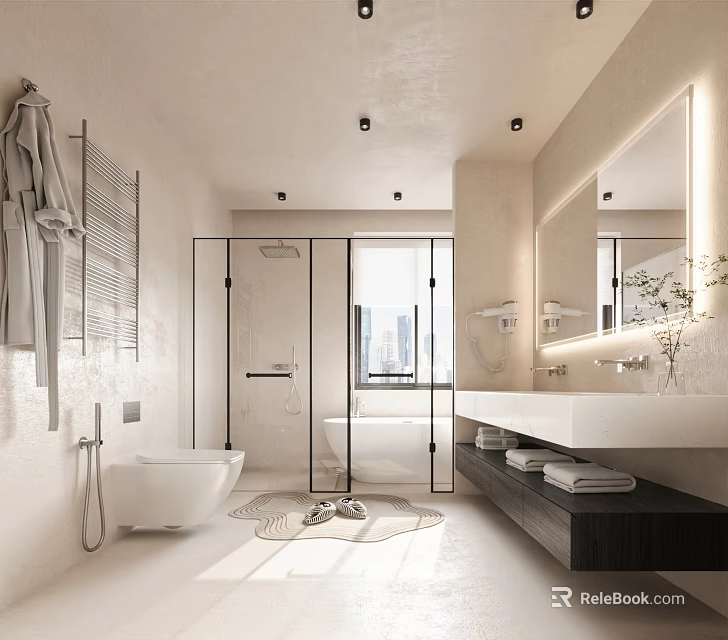 Modern Bathroom Interior Design Featuring Freestanding Bathtub Glass Shower Large Mirror And Minimalist Vanity 3d model 