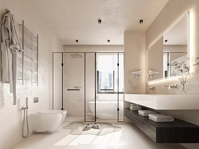 Modern Bathroom Interior Design Featuring Freestanding Bathtub Glass Shower Large Mirror And Minimalist Vanity 3d model
