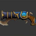 Fantasy Decorative Weapon With Blue Gemstone Golden Accents And Curved Wooden Handle