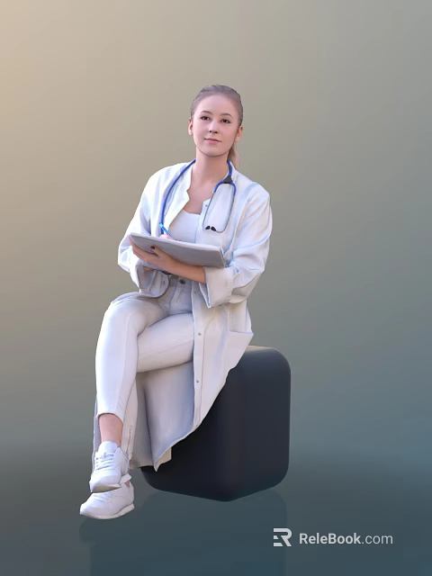 Woman Doctor In White Coat With Stethoscope Sitting On Black Object Holding Tablet 3d model 