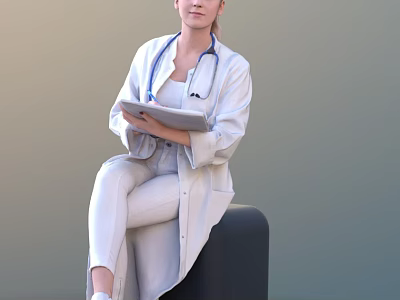 Woman Doctor In White Coat With Stethoscope Sitting On Black Object Holding Tablet 3d model