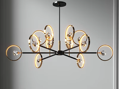 Modern Chandelier Design With Black Rod Circular Golden Rings And Crystal Accents 3d model