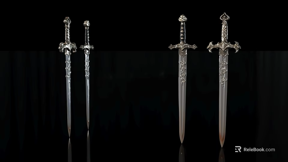 Four Ornate Swords With Intricate Hilt Designs And Decorative Carvings On Black Background 3d model 