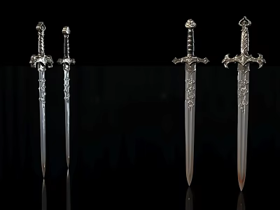 Four Ornate Swords With Intricate Hilt Designs And Decorative Carvings On Black Background 3d model