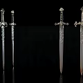 Four Ornate Swords With Intricate Hilt Designs And Decorative Carvings On Black Background