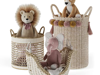 Adorable Lion and Elephant Plush Toys Sitting in Wicker Baskets with Pom Pom Trim 3d model