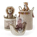 Adorable Lion and Elephant Plush Toys Sitting in Wicker Baskets with Pom Pom Trim