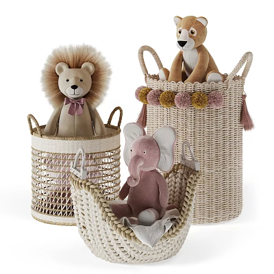 Adorable Lion and Elephant Plush Toys Sitting in Wicker Baskets with Pom Pom Trim 3d model