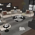 Modern Beige L shaped Sofa and Coffee Table Set with Cushions Decorative Items Bookshelves and Plant
