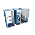 Public Office Space With Blue Private Booths Interior Desks Chairs Sofa And Monitor