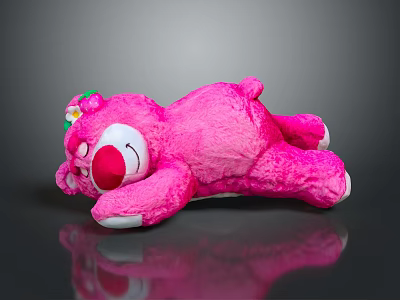 Cute Pink Soft Plush Bear Doll With Flower Headband Lying On Reflective Surface 3d model