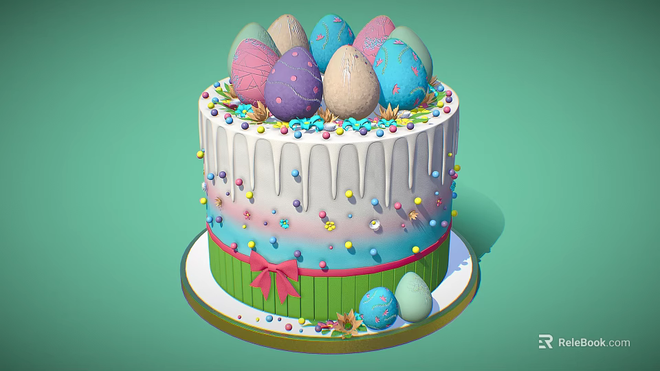 Easter Bunny Themed Cake with Colorful Eggs Green Ribbon and Pink Bow Sprinkles 3d model 