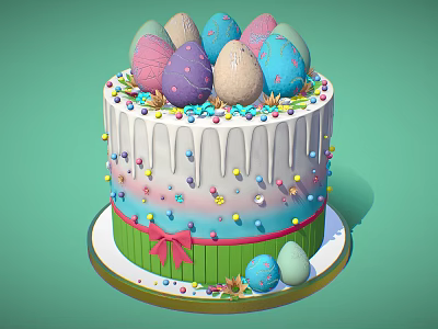 Easter Bunny Themed Cake with Colorful Eggs Green Ribbon and Pink Bow Sprinkles 3d model