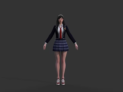 Game Anime Character in School Uniform With Black Coat Red Tie Plaid Skirt White Shoes 3d model