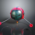Red Mechanical Character With Biological Elements Green Skull Screen And Silver Robotic Arms Yellow Base
