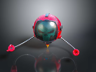 Red Mechanical Character With Biological Elements Green Skull Screen And Silver Robotic Arms Yellow Base 3d model