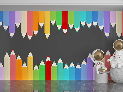 Vibrant Background Wall With Colorful Pencil Shapes And Astronaut Figurines 3d model