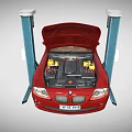 Red Convertible Car With Open Hood Elevated On Hydraulic Car Lift