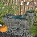 Beautiful Countryside Scene With Bamboo Wall Stone Mill Pumpkin And Green Plants