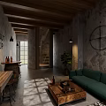 Industrial Lounge Interior Design With Concrete Walls Wooden Lattice Ceiling Green Sofa And Bar Stools