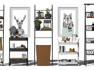 Multilayer Wheeled Storage Shelving Units With Decorative Art Plants Books And Baskets 3d model