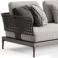 Modern Sectional Sofa With Wicker Armrests Gray Cushions And Metal Frame 3d model