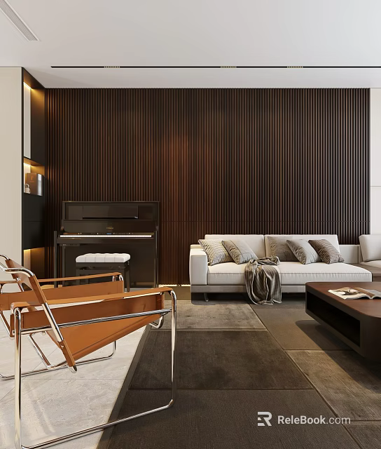 Modern Living Dining Room Interior With Wooden Slat Wall Piano Sofa And Coffee Table 3d model 