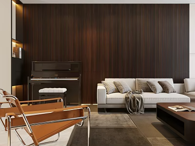 Modern Living Dining Room Interior With Wooden Slat Wall Piano Sofa And Coffee Table 3d model