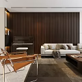 Modern Living Dining Room Interior With Wooden Slat Wall Piano Sofa And Coffee Table