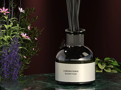 LABELLOFORIO Diffuser Black Glass Bottle With Fresh Flowers Lavender And Green Leaves On Marble Table 3d model