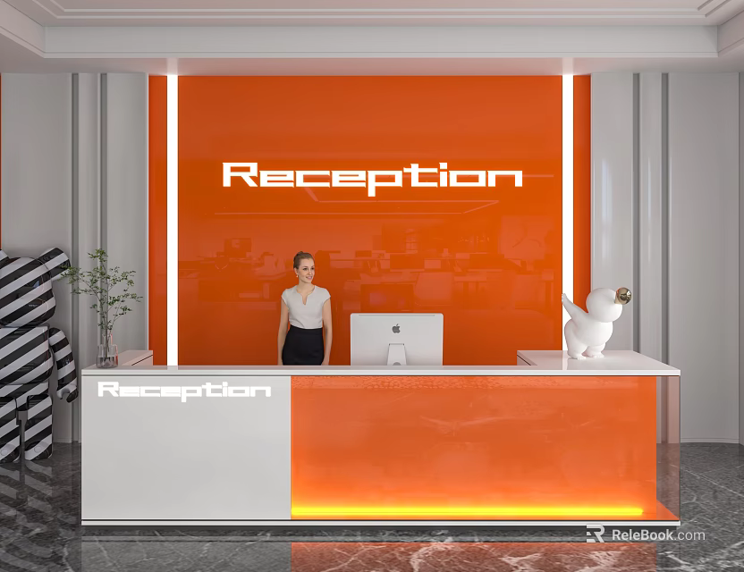 Modern Shop Reception Desk With Orange Wall White Counter Computer Plant And Marble Floor 3d model 