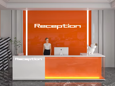 Modern Shop Reception Desk With Orange Wall White Counter Computer Plant And Marble Floor 3d model