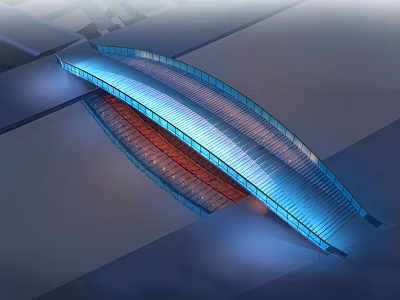 Modern Landscape Bridge With Curved Glass Structure And Blue Lighting Reflection 3d model