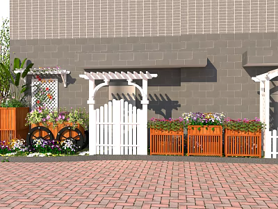 Courtyard Garden With White Pergola Picket Gate Orange Planters Purple White Flowers and Brick Pavement 3d model