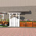 Courtyard Garden With White Pergola Picket Gate Orange Planters Purple White Flowers and Brick Pavement