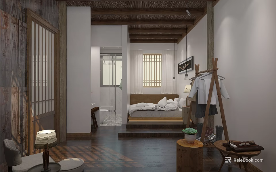 Chinese Style Hotel Room Interior With Wooden Ceiling Bed Screen Door And Potted Plant 3d model 