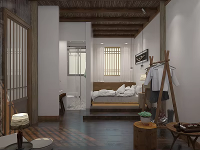 Chinese Style Hotel Room Interior With Wooden Ceiling Bed Screen Door And Potted Plant 3d model