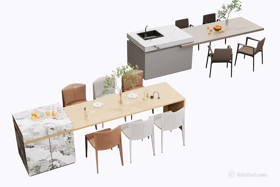 Modern Rectangular Dining Table Set With Marble Countertop Upholstered Chairs And Decorative Plants 3d model