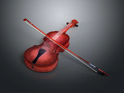 Red Violin And Bow As Daily Living Items On Gray Background 3d model