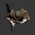 Man Standing in Camouflage Uniform With Tactical Gear Hat Mask and Weapon
