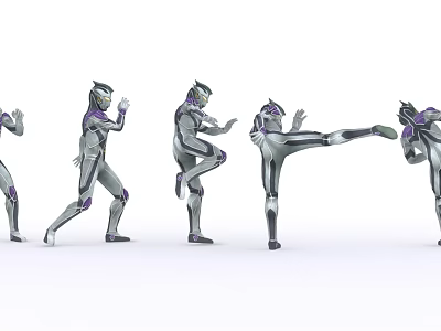 Game and Movie Armored Characters in Silver and Purple with Various Combat Poses 3d model