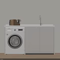 Modern Laundry Space With Washing Machine White Cabinets Sink Countertop Wooden Basket And Towel