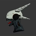 Sci Fi Weapon Helmet Sculpture With White Horns Red Open Mouth And Black Base