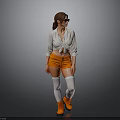 Woman In White Tied Shirt Orange Shorts Sunglasses White Thigh High Socks And Orange Boots