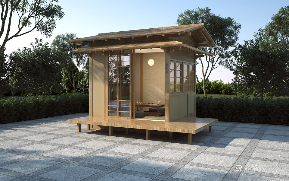 Japanese Style Wooden Pavilion Design With Open Glass Doors And Stone Tile Platform 3d model 