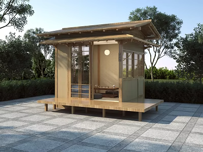 Japanese Style Wooden Pavilion Design With Open Glass Doors And Stone Tile Platform 3d model